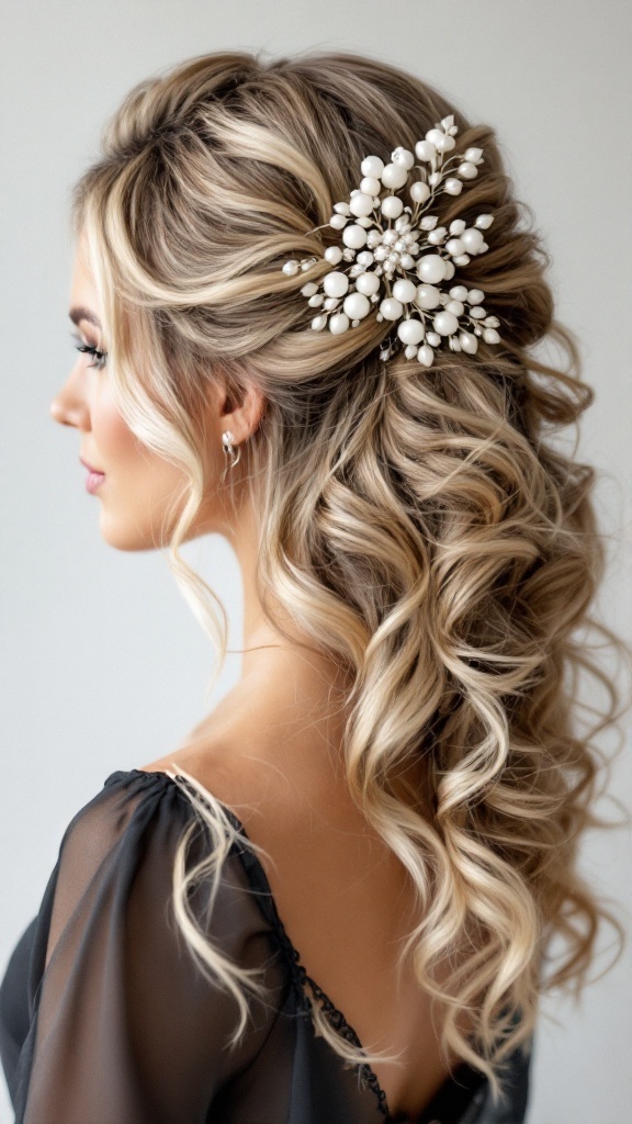 A beautiful half-up half-down hairstyle with curls and a decorative hair piece.
