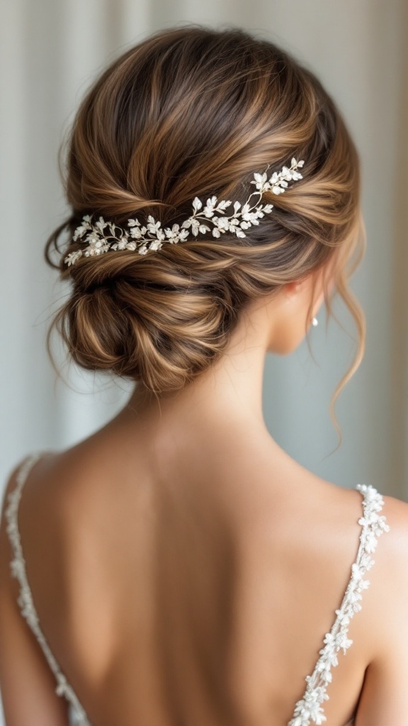 A woman showing off a stylish low updo hairstyle with floral accessories.