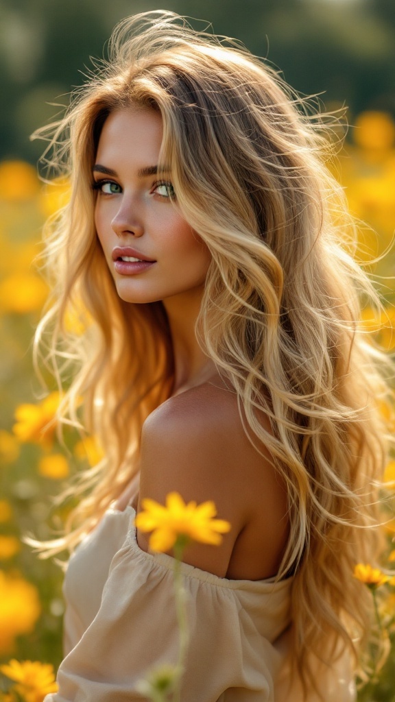 A woman with long, wavy hair featuring sunkissed highlights, surrounded by yellow flowers in a sunny field.