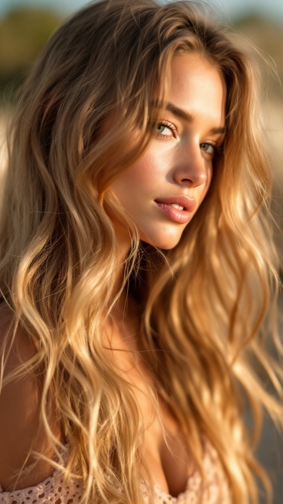 A young woman with long, wavy, sun-kissed hair looking at the camera.