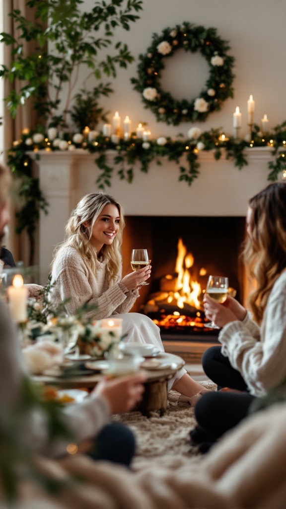 Cozy winter bridal shower gathering by the fireplace