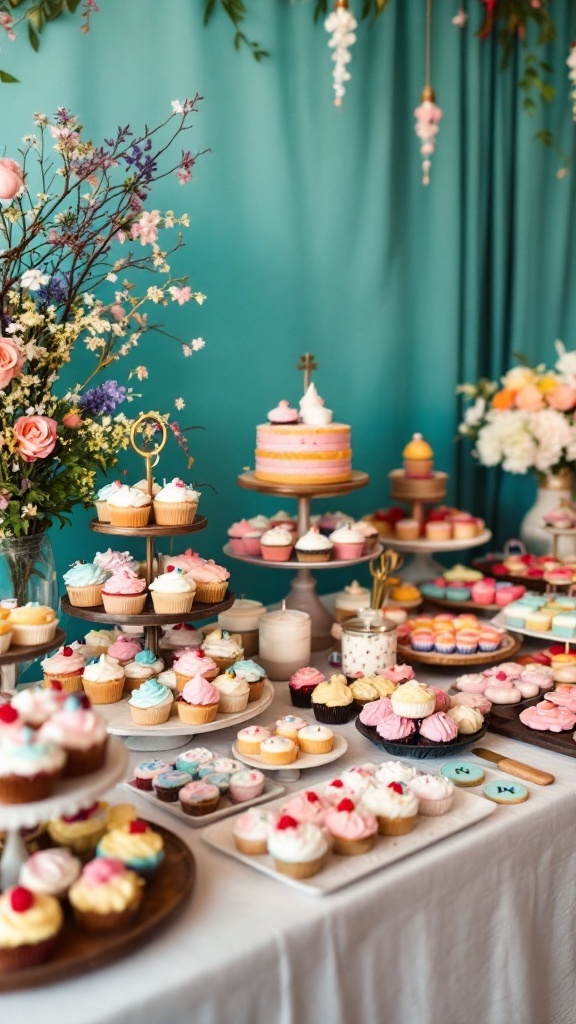 Colorful dessert bar with cupcakes, mini cakes, and cookies against a teal background.
