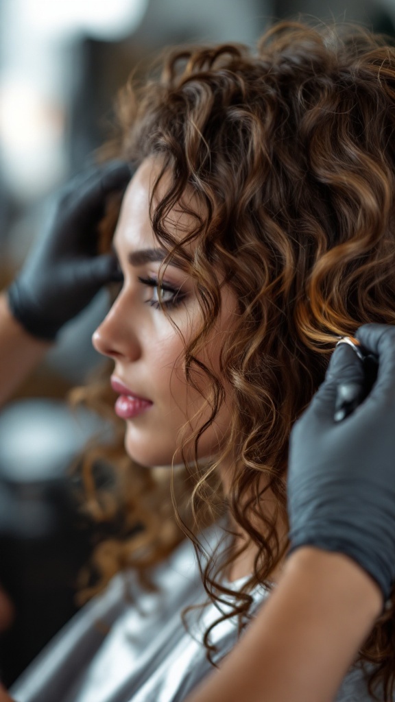 Curly hair with blonde highlights being styled