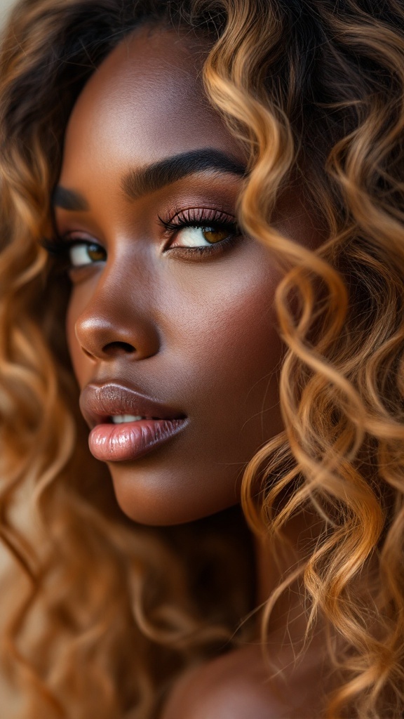 Close-up of a person with honey blonde layered curly hair on dark skin, highlighting the texture and color contrast.