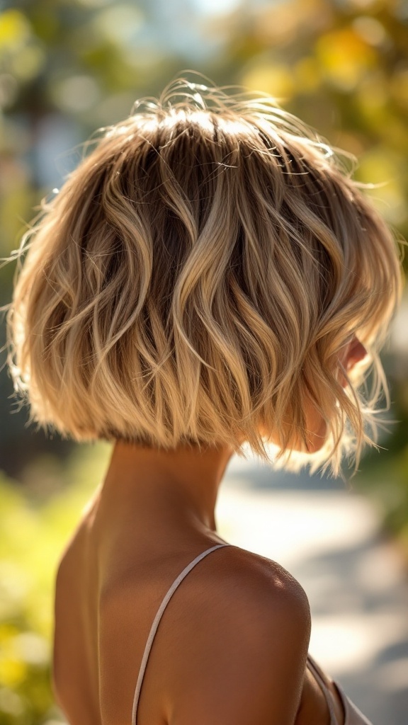 A woman with a textured bob hairstyle, featuring soft waves and highlights, stands outdoors.