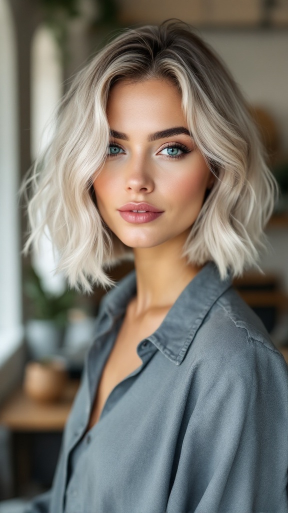 A woman with a textured bob hairstyle featuring soft waves, wearing a grey shirt, looking confidently at the camera.