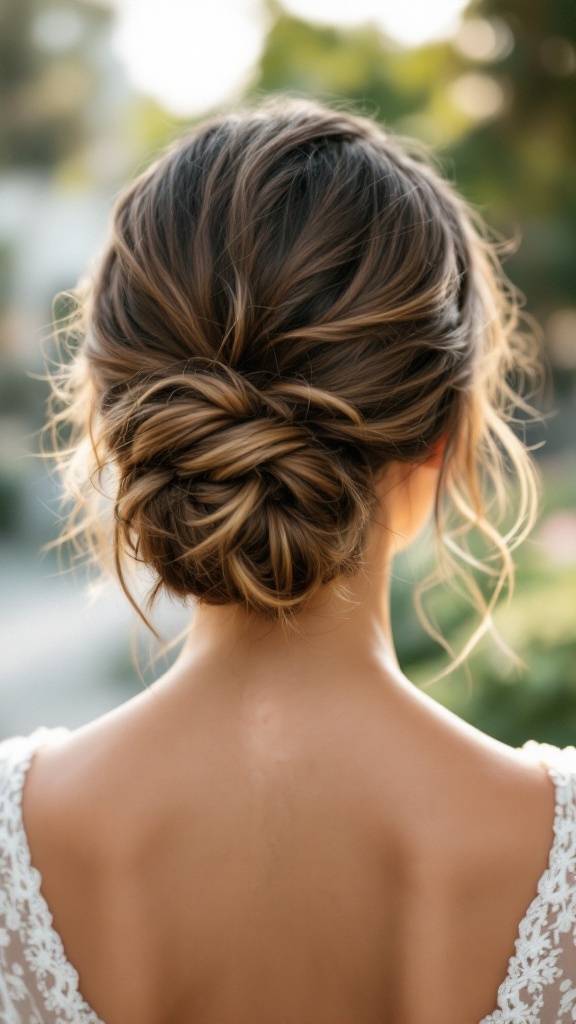A back view of a textured bun hairstyle featuring loose strands for a bridesmaid.