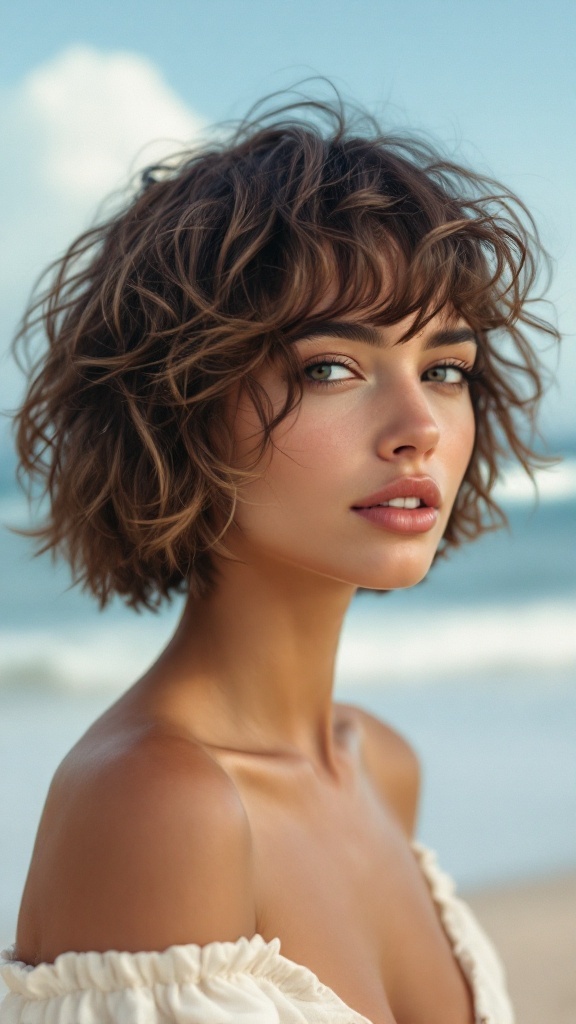 A woman with a textured crop hairstyle, featuring soft curls and a relaxed look, against a beach backdrop.