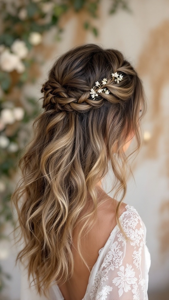 A textured half-up half-down wedding hairstyle featuring accent braids and floral accessories.