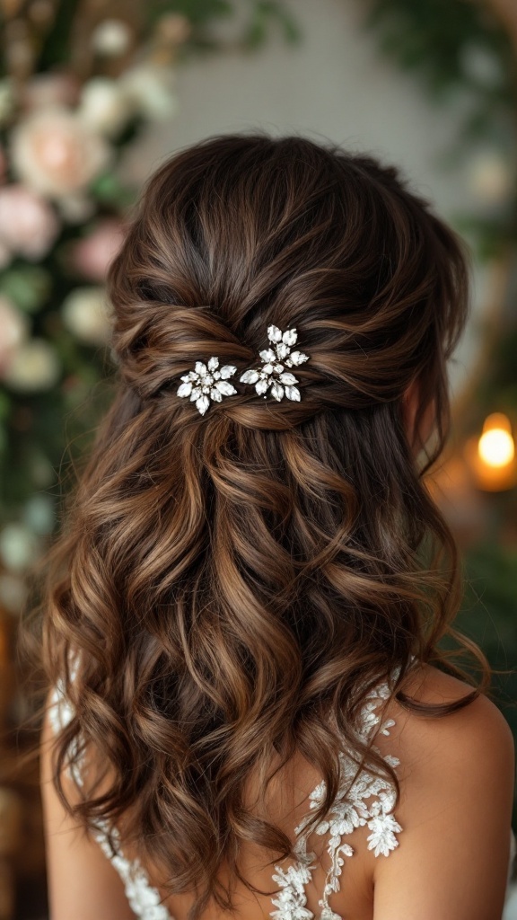 A romantic textured half-up hairstyle with soft curls and rhinestone accessories, perfect for a wedding.