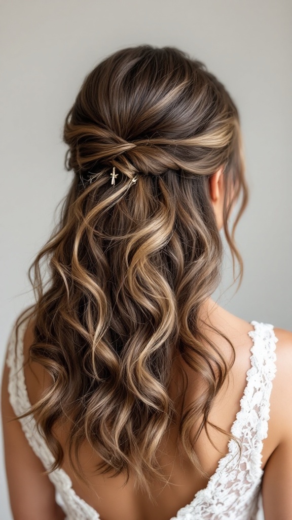 A woman with medium-length hair styled in a textured half-up hairstyle, featuring soft waves and decorative hairpins.