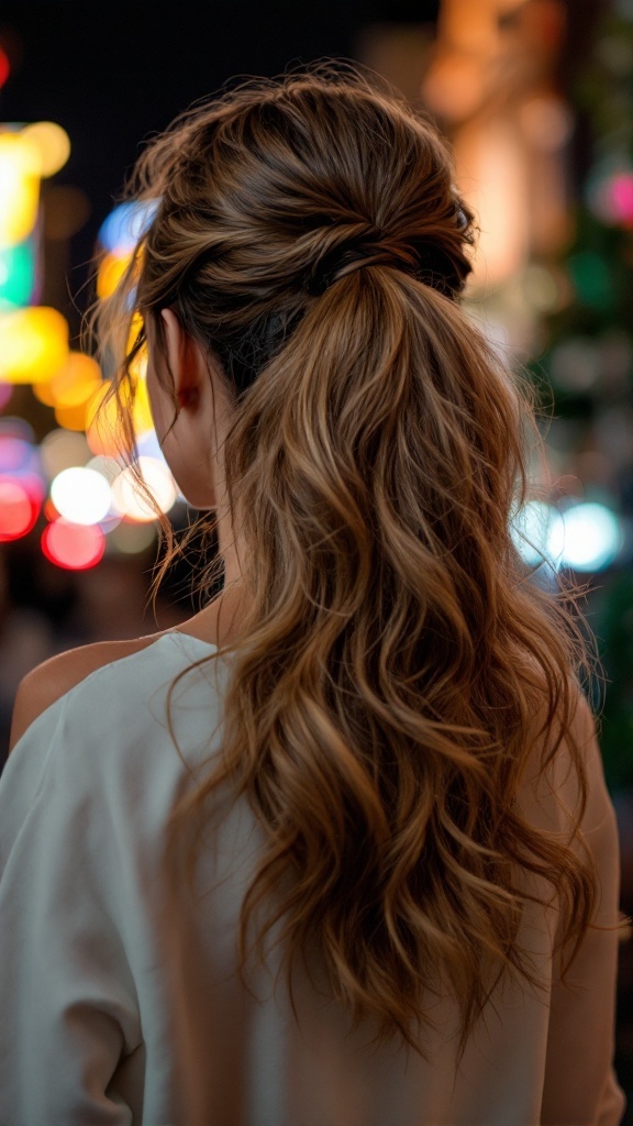 A woman with a textured half up half down ponytail, showcasing loose waves and a stylish look for a night out.