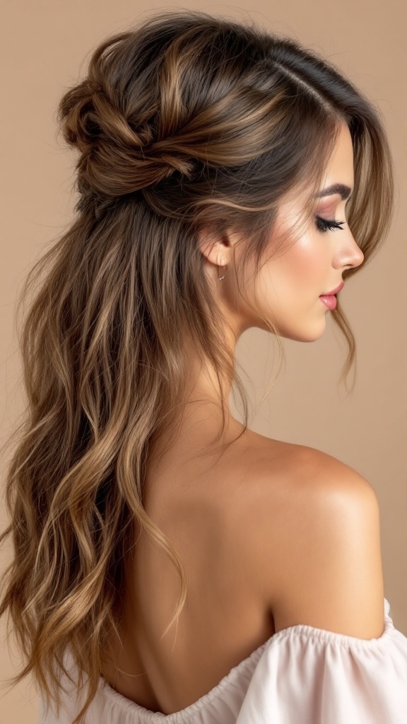 A woman with textured half up half down hairstyle, featuring loose waves and a twisted bun.