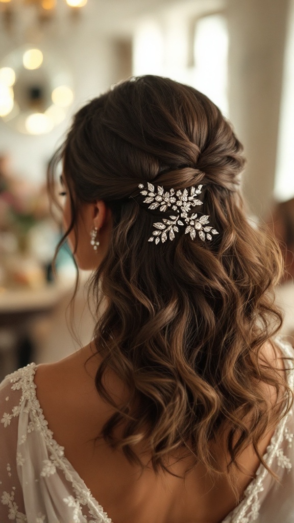 A stylish half-up, half-down hairstyle with soft waves and a decorative hair accessory.