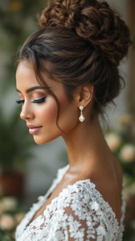 A woman with a textured high bun hairstyle, wearing elegant earrings and a lace wedding dress.