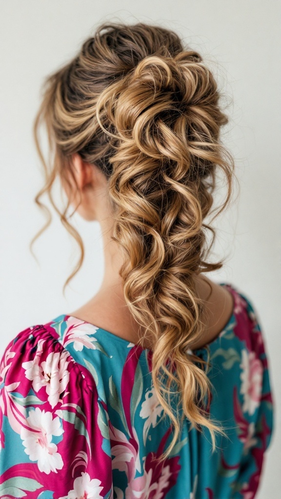 A stylish textured high ponytail with curly ends, showcasing a playful and chic look.