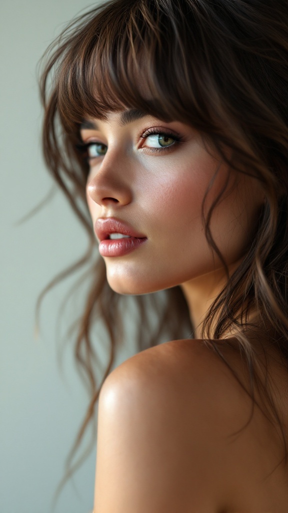 A close-up of a woman with textured layered side bangs and soft waves.