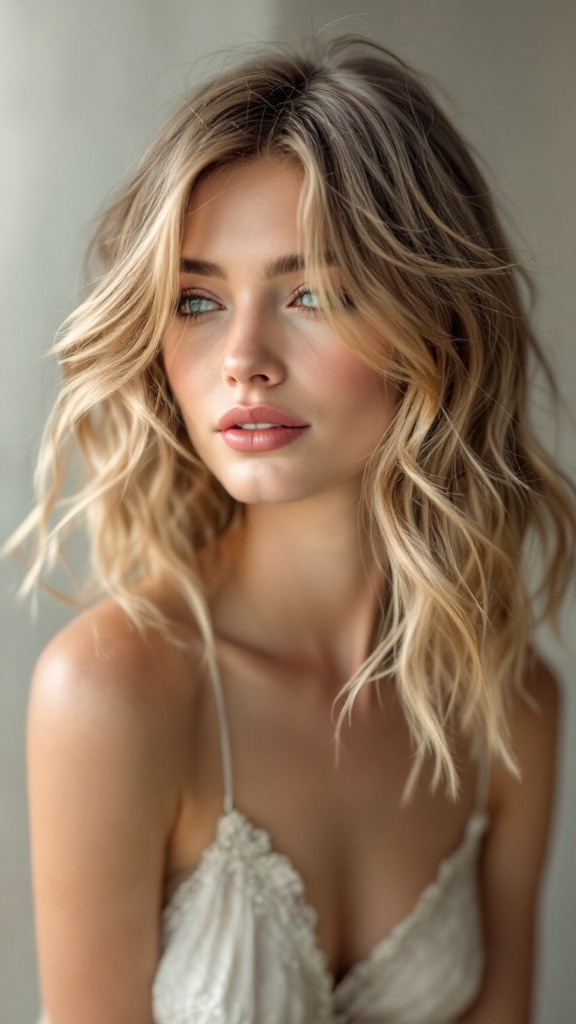Bridesmaid with shoulder length hair styled in textured layers and side bangs