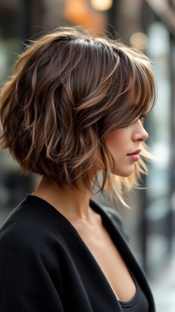 A woman with a textured lob hairstyle, showcasing soft waves and layers.