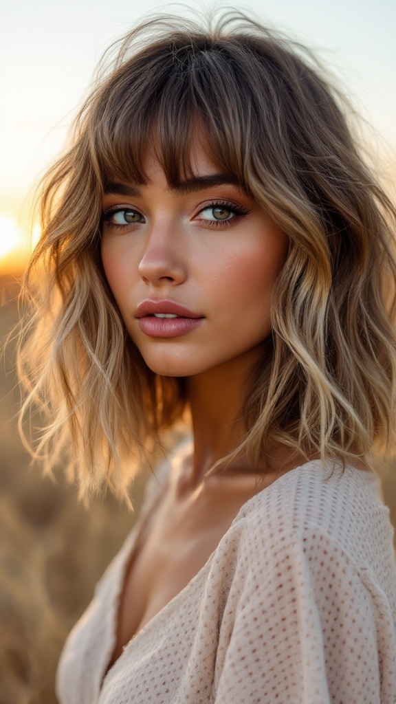 Model with textured lob hairstyle and bangs, looking at the camera with a soft smile