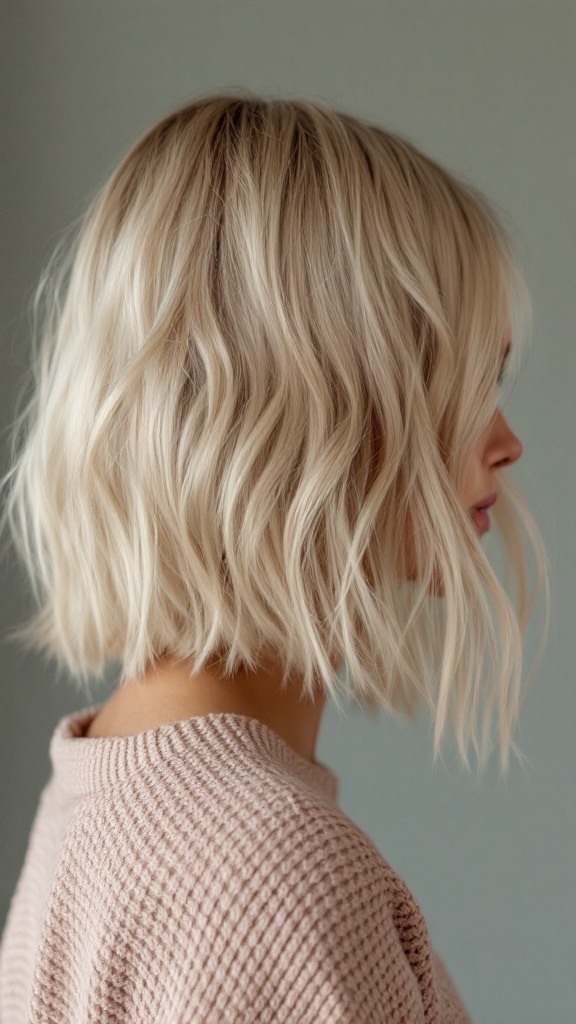 A side view of a textured lob hairstyle with soft waves, featuring light blonde hair.