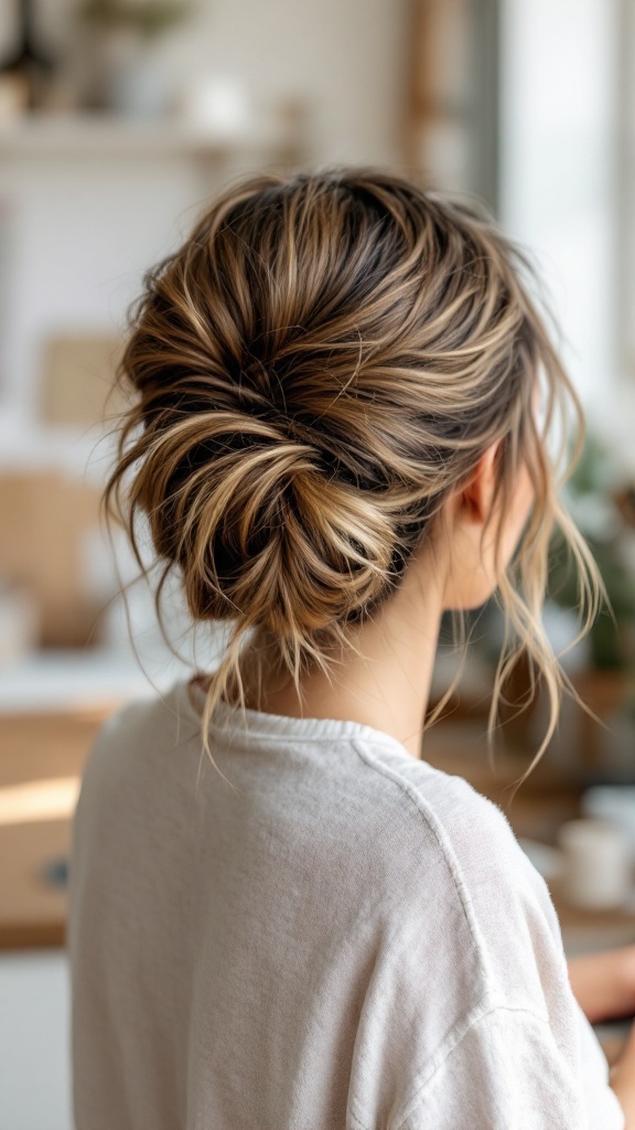 A woman with long hair styled in a textured messy bun