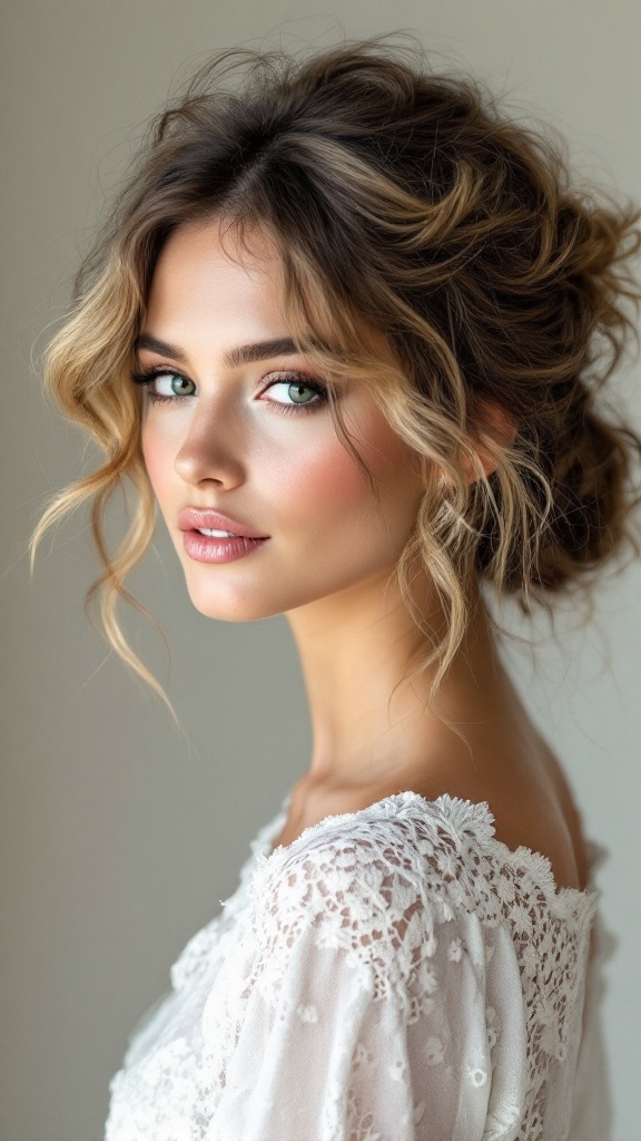 Woman with textured messy updo hairstyle and soft waves, dressed in a lace top.