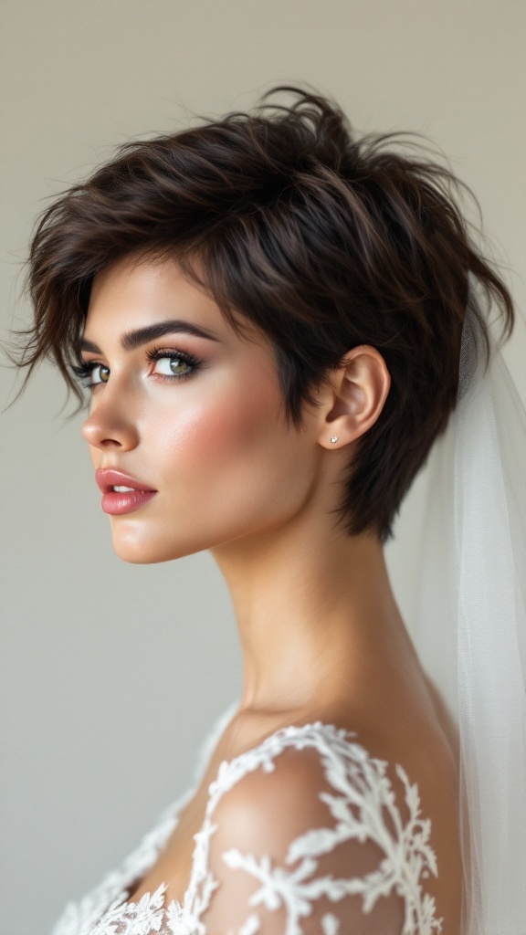 A woman with a textured pixie cut, showcasing a beautiful hairstyle suitable for bridesmaid looks.