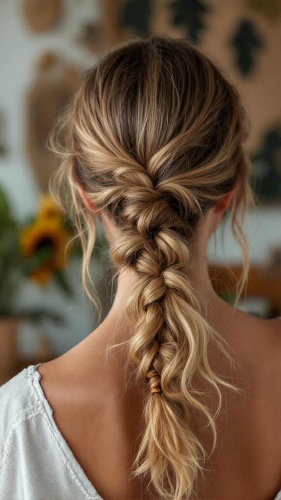 A close-up view of a textured ponytail with a side braid, showcasing soft waves and braided detail.