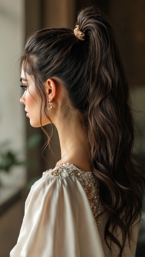 A woman with a textured ponytail styled with a hair bow, showcasing long, wavy hair.