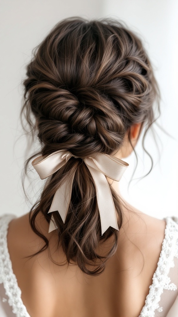 A textured ponytail hairstyle with ribbons, showcasing soft waves and a romantic touch.