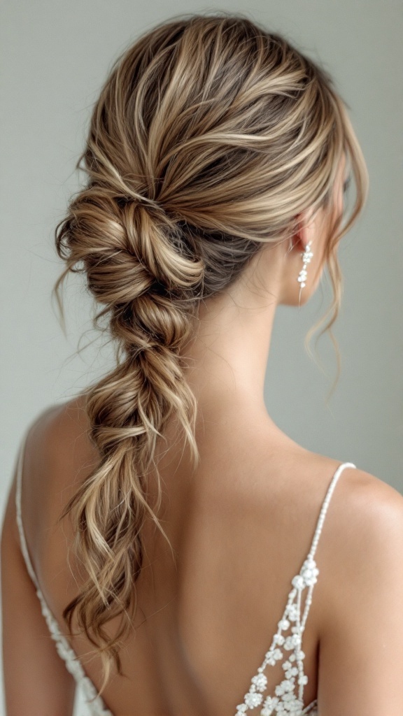 Textured ponytail hairstyle with a side part, featuring soft waves and a casual yet elegant look.