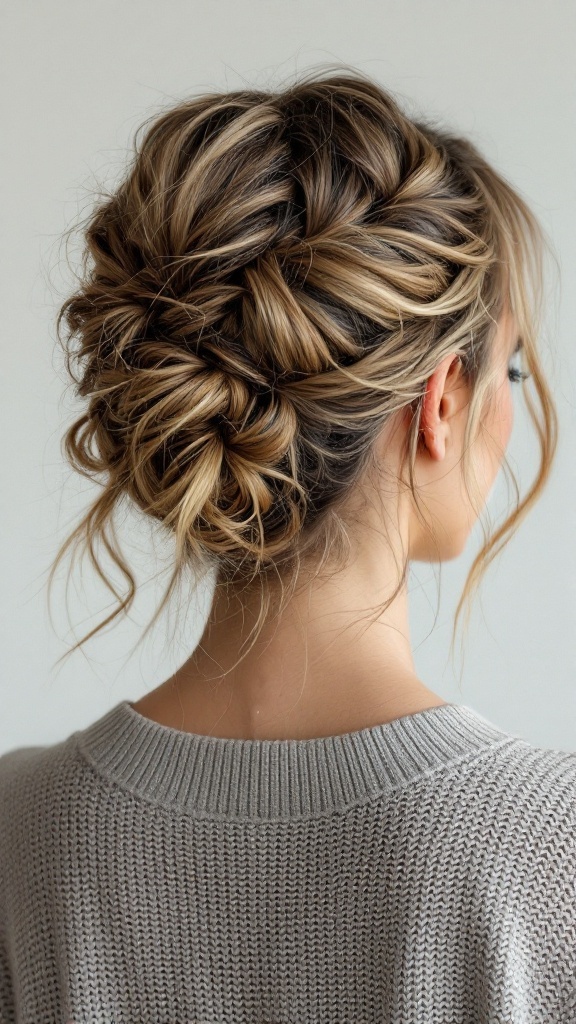 A woman with a textured twisted half updo hairstyle, showcasing soft twists and loose strands.