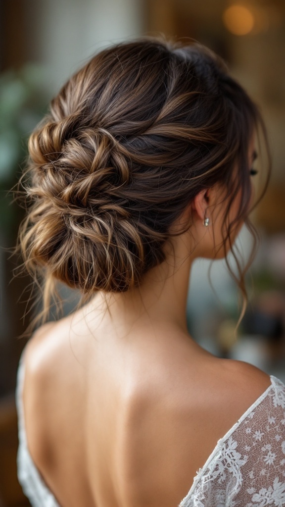A textured updo hairstyle with a messy finish, featuring a side part and loose strands framing the face.
