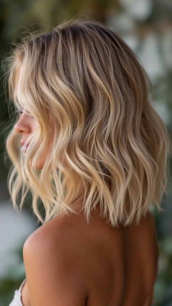 A woman with a textured waves long bob hairstyle, styled softly with highlights.