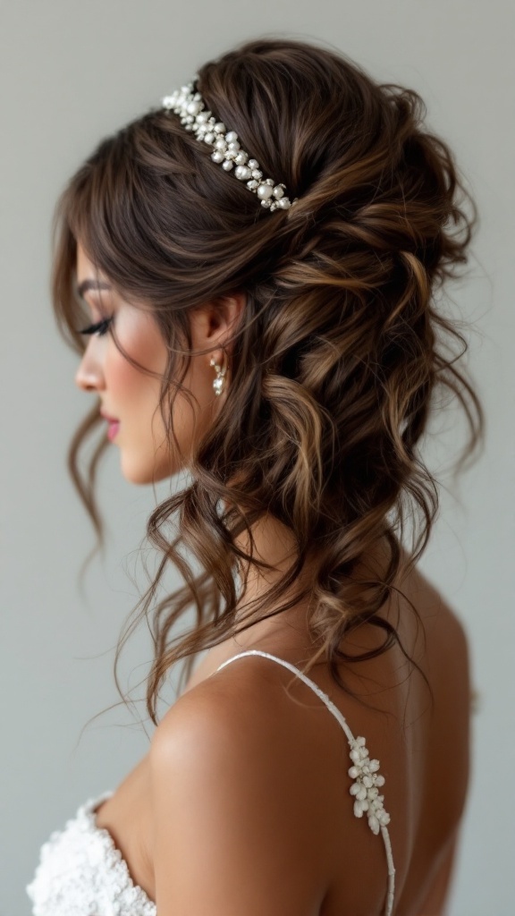 Bridal hairstyle featuring textured waves and a beaded headband