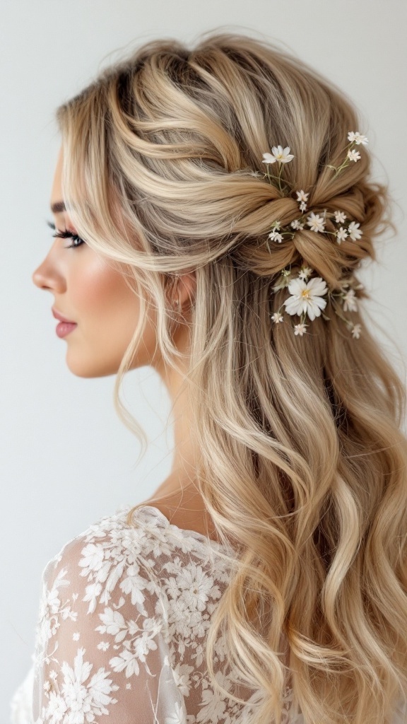 A woman with textured waves in a half-up, half-down hairstyle decorated with small white flowers