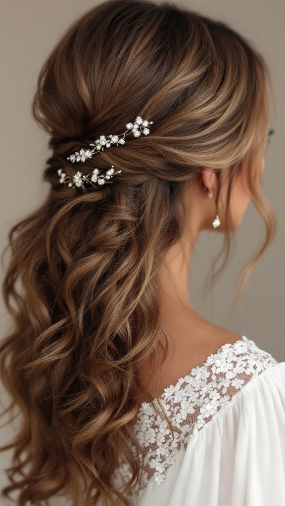 A woman with medium-length hair styled in textured waves, adorned with elegant hairpin accents.
