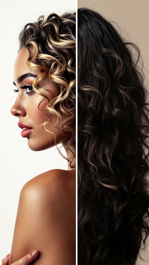A split image showing curly hair with blonde highlights on one side and darker curly hair on the other.