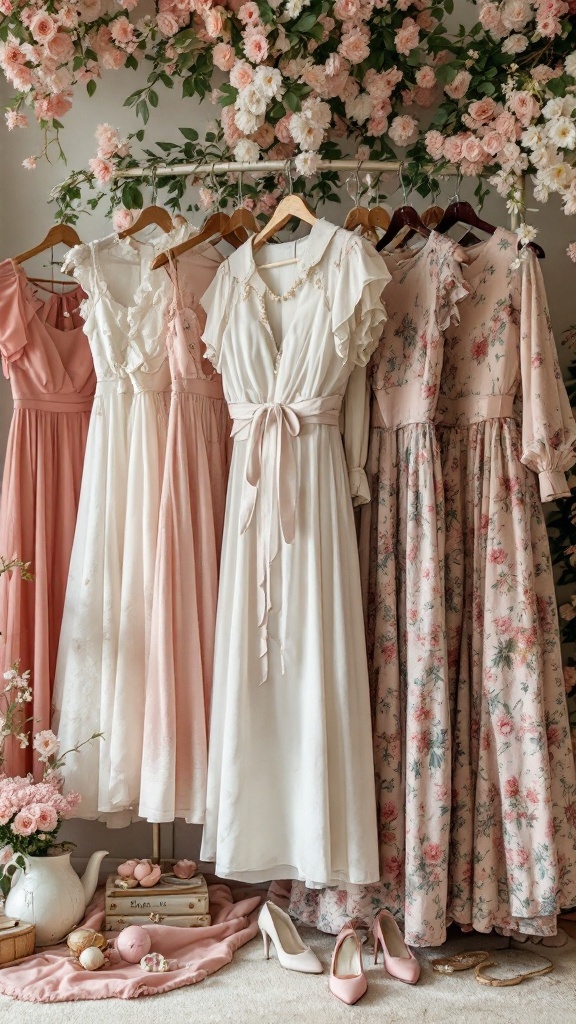 A selection of elegant dresses in soft colors and floral patterns, perfect for a tea party bridal shower theme.
