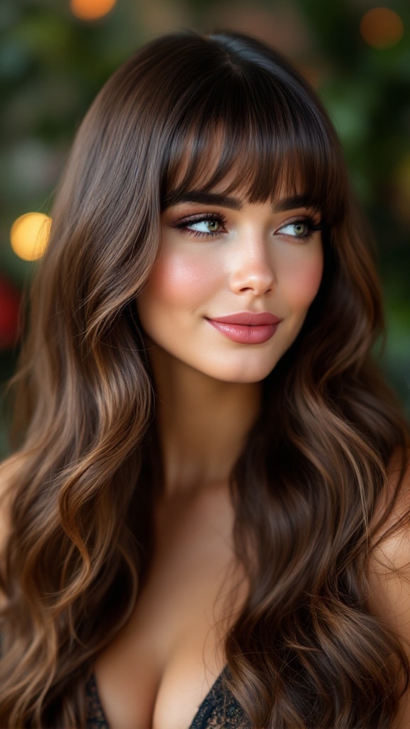 A person with long hair styled in thick side-swept bangs, showing soft waves and a warm hair color.