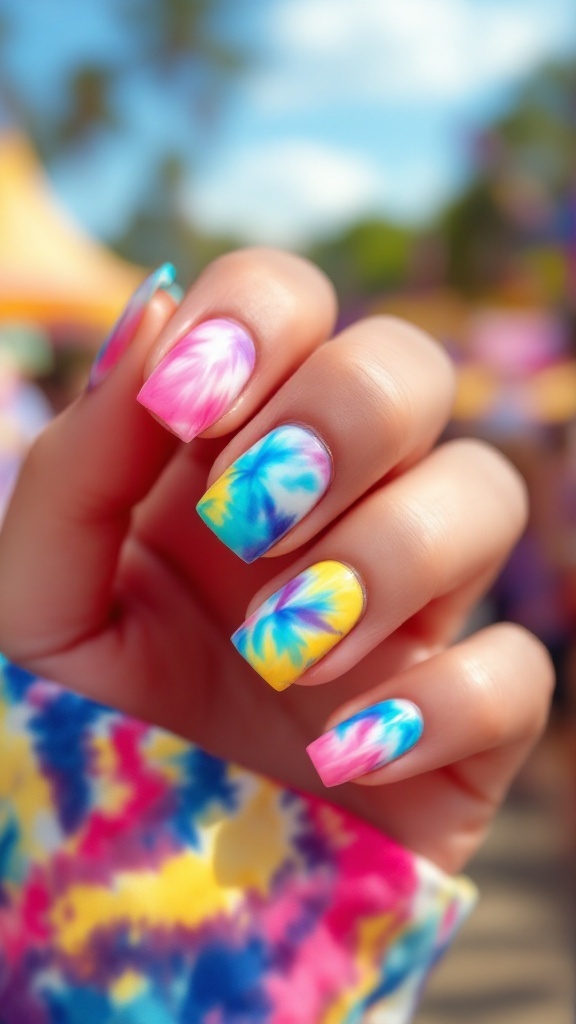 Colorful tie-dye inspired nails with swirls of pink, blue, and yellow.