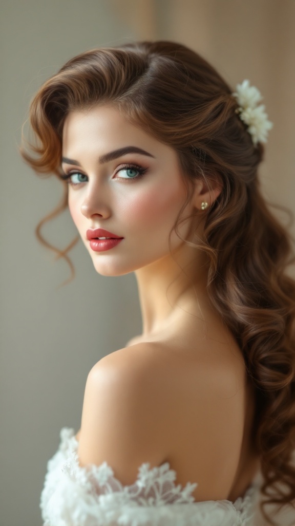 A woman with soft, cascading curls and a flower in her hair, showcasing a vintage pin-up hairstyle.