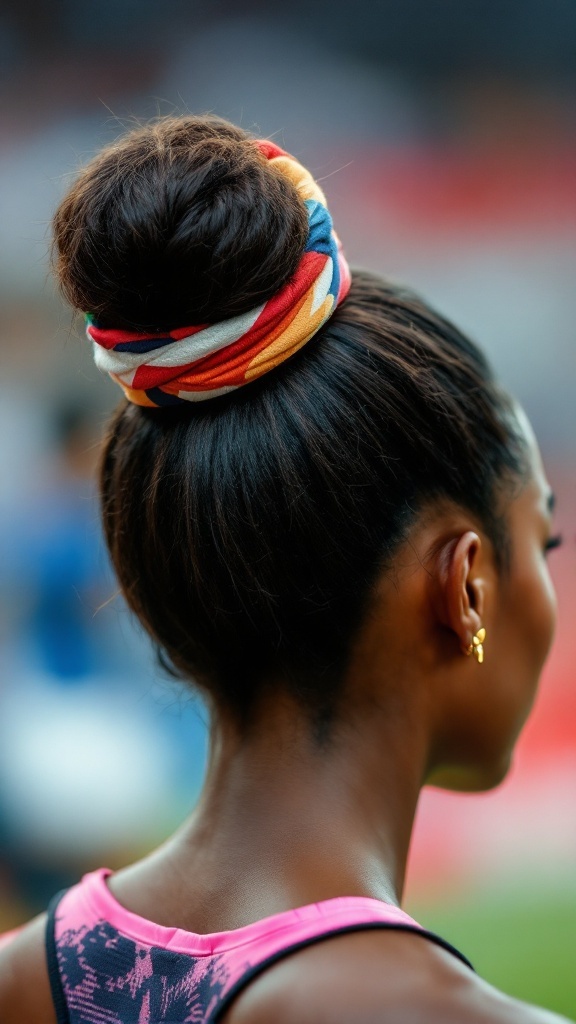 Athlete with a top knot hairstyle and colorful hair wrap