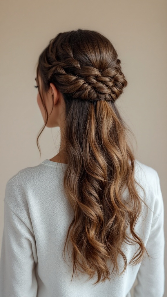 A woman with a braided half-up half-down wedding hairstyle featuring soft curls.