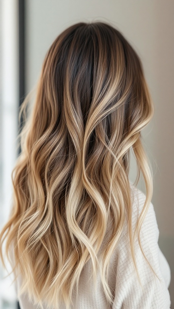 A woman with curly hair showing a transition from dark to blonde highlights.