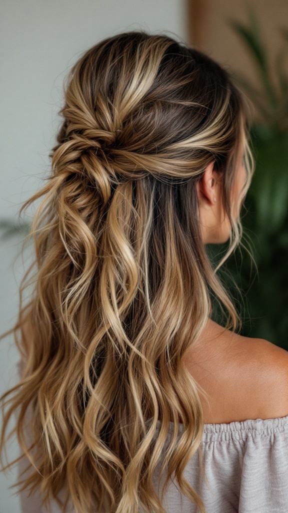 A woman with half up half down hair, featuring soft waves and a twisted section at the back.