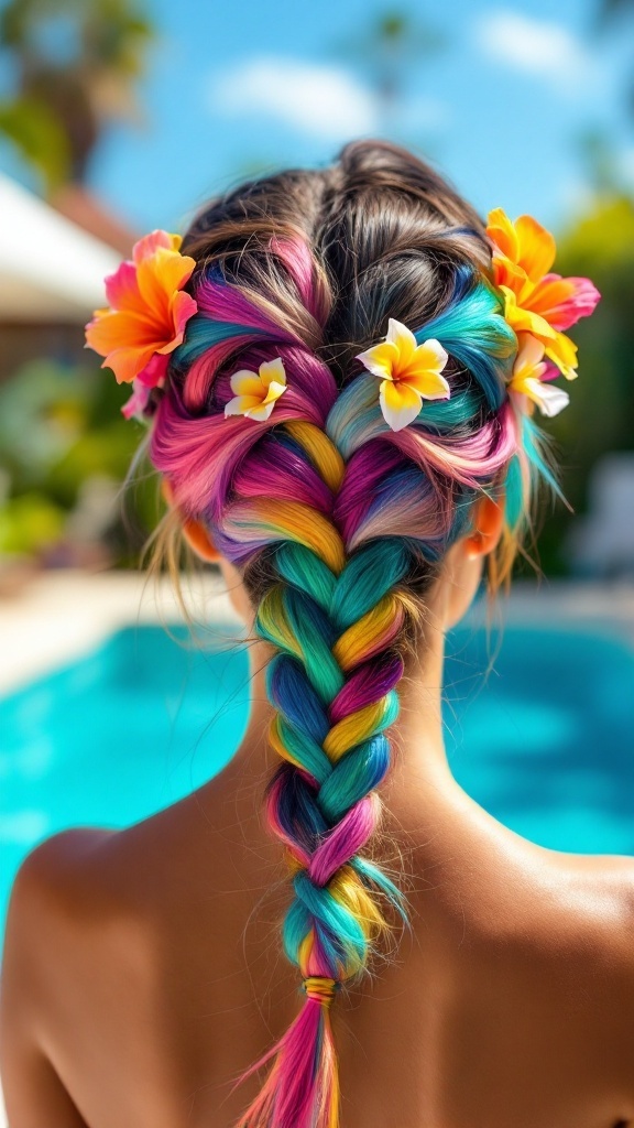 A vibrant tropical fishtail braid with colorful hair and flowers, set against a sunny background.