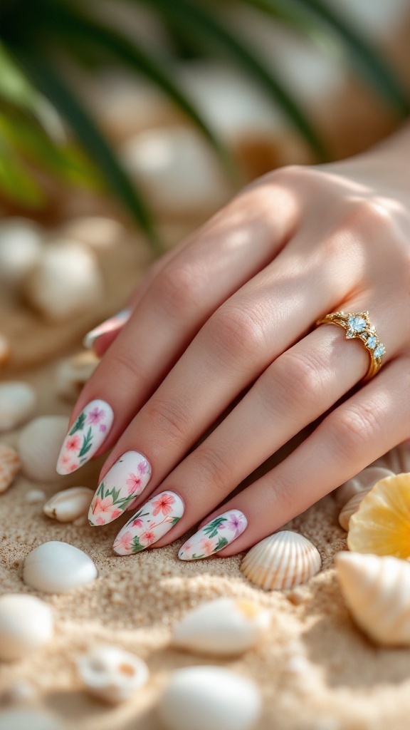 A close-up of a hand with floral nail art resting on sandy beach with seashells.