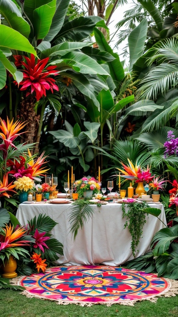 Tropical bridal shower setup with colorful flowers, vibrant table decor, and lush greenery.